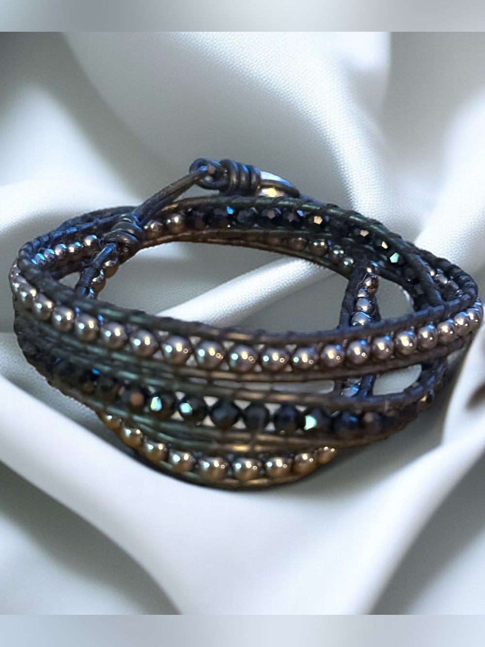 Black gunmetal and crystal bead leather wrap bracelet